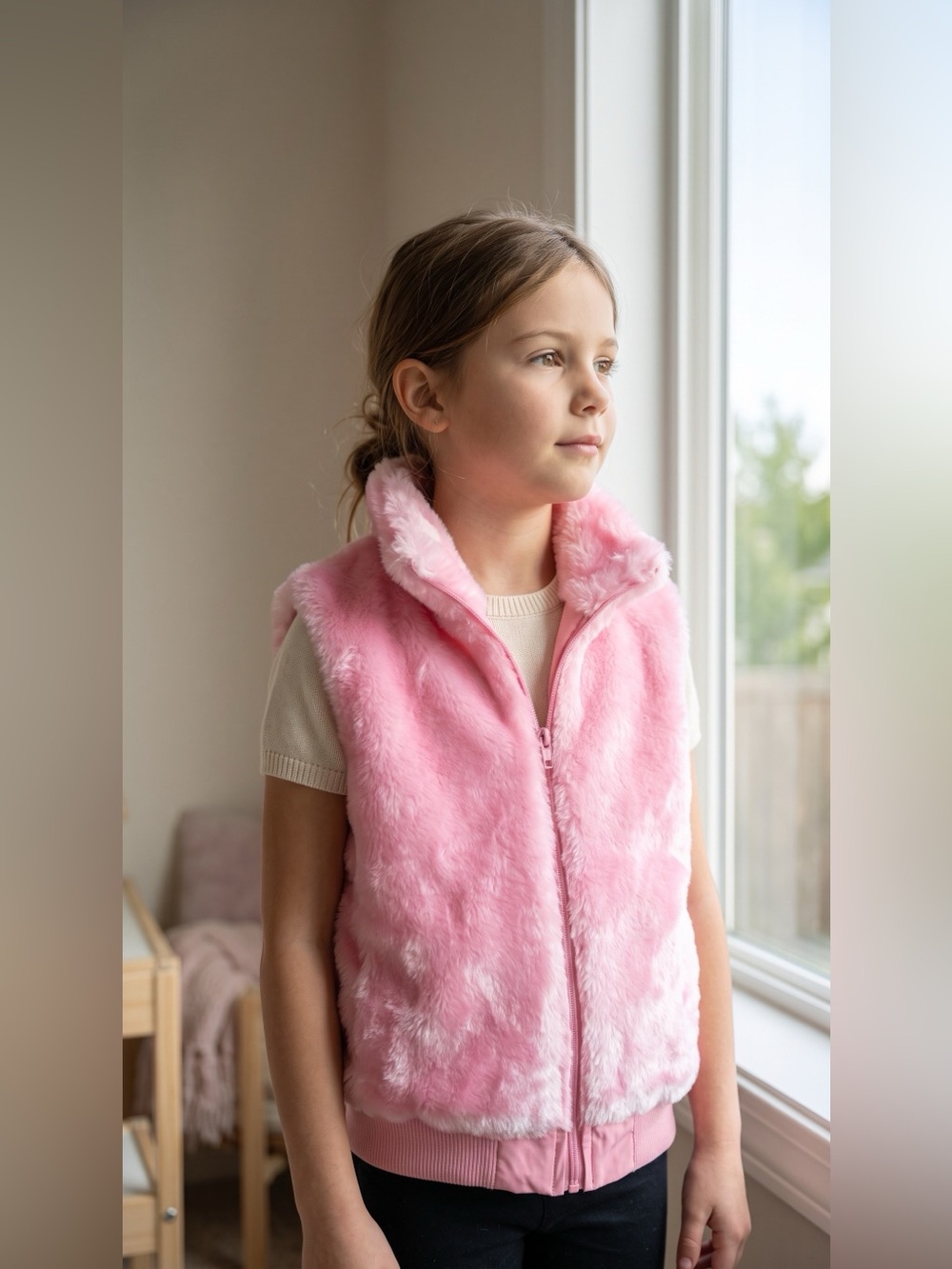 Girls Pink and Black Faux Fur Vests